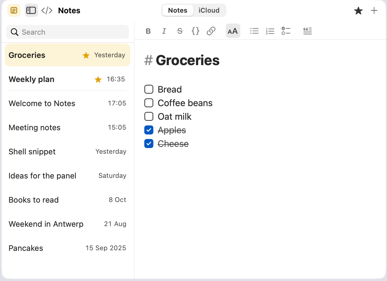 Notes with the list beside the note: favourites on top, and a grocery checklist with ticked items crossed out