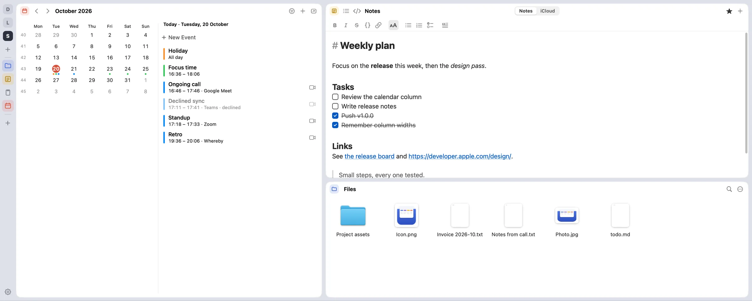 The calendar on the left, a note and files stacked on the right