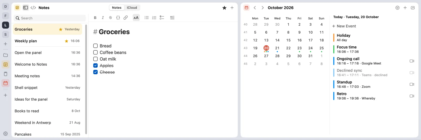 The Laptop profile: a grocery list in Notes and the calendar. At the top of the sidebar the letters of four profiles, L filled in