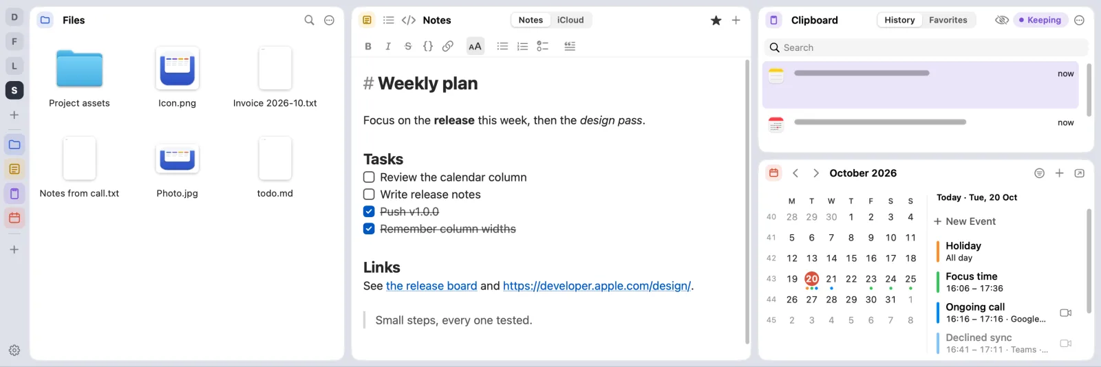 The Studio profile for the big display: Files, Notes, and the clipboard above the calendar